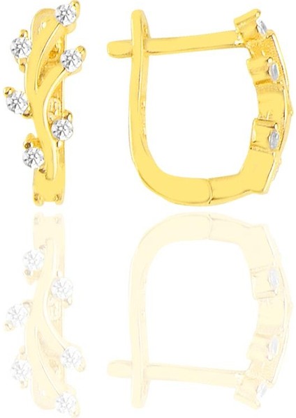 Gümüş Altın Yaldızlı Zirkon Taşlı Yaprak Modeli Klipsli J Küpe