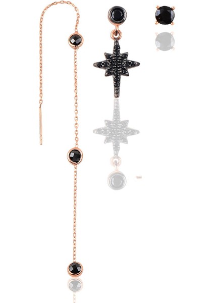 Gümüş Rose Onix Taşlı Kutup Yıldızı Kombin Üçlü Küpe Seti