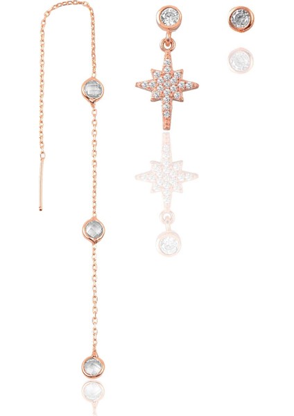 Gümüş Rose Zirkon Taşlı Kutup Yıldızı Kombin Üçlü Küpe Seti