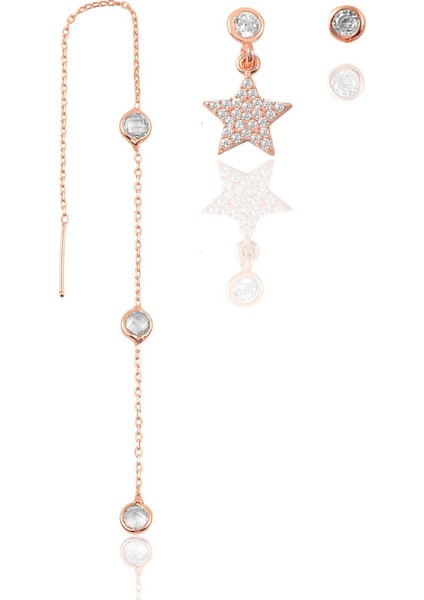 Gümüş Rose Zirkon Taşlı Yıldız Kombin Üçlü Küpe Seti