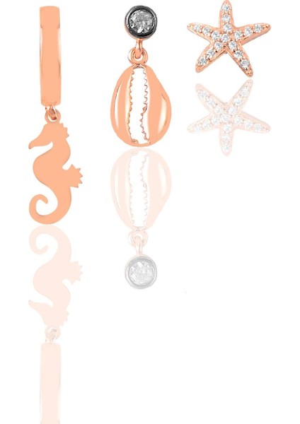 Gümüş Rose Zirkon Taşlı Deniz Kombin Üçlü Küpe Seti