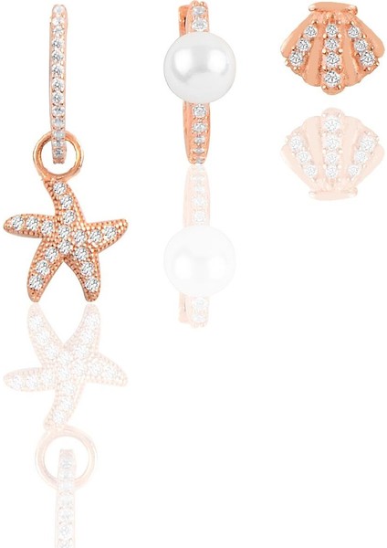 Gümüş Rose Zirkon Taşlı Deniz Kombin Üçlü Küpe Seti