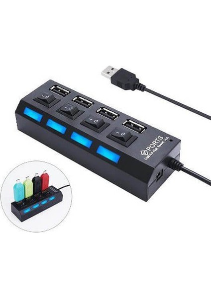 4 Port USB 2.0 Çoklayıcı Hub Anahtarlı Işıklı On Off Düğmeli