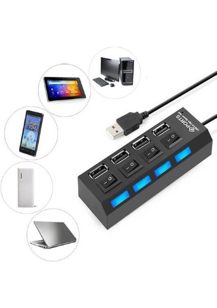 4 Port USB 2.0 Çoklayıcı Hub Anahtarlı Işıklı On Off Düğmeli