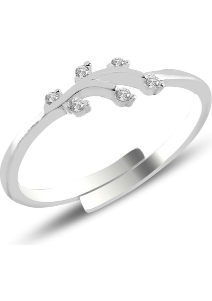 Gümüş Zirkon Taşlı Alttan Ayarlamalı Yaprak Yüzük