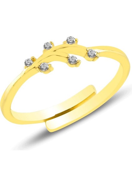 Gümüş Altın Yaldızlı Zirkon Taşlı Alttan Ayarlamalı Yaprak Yüzük