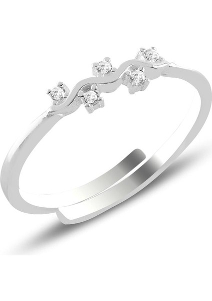 Gümüş Alttan Ayarlamalı Zirkon Taşlı Dalgalı Yüzük