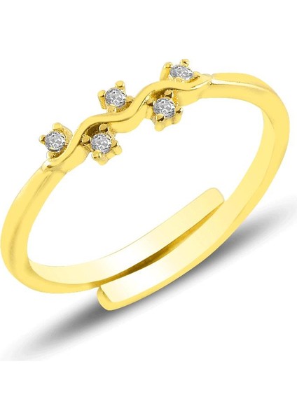 Gümüş Altın Yaldızlı Alttan Ayarlamalı Zirkon Taşlı Dalgalı Yüzük