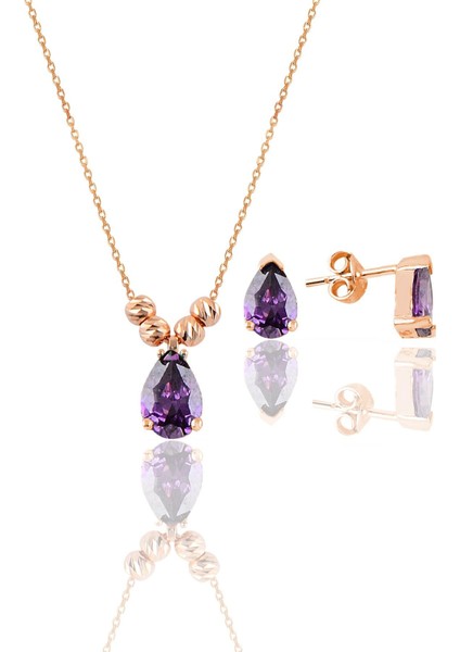 Gümüş Rose Ametis Renkli Dorica Damla Kolye ve Çivi Modeli Küpe Seti