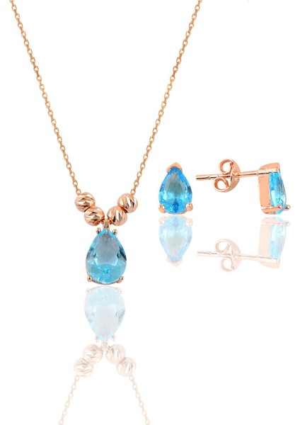 Gümüş Rose Akuamarin Renkli Dorica Damla Kolye ve Çivi Modeli Küpe Seti