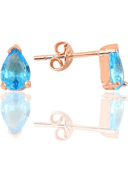 Gümüş Rose Akuamarin Renkli Dorica Damla Kolye ve Çivi Modeli Küpe Seti modelleri