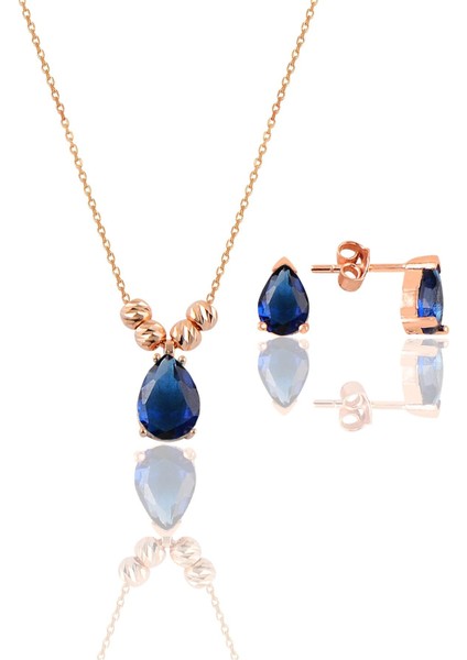 Gümüş Rose Safir Renkli Dorica Damla Kolye ve Çivi Modeli Küpe Seti