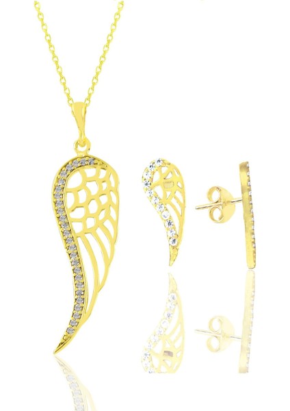 Gümüş Altın Yaldızlı Zirkon Taşlı Kanat Kolye ve Küpe Seti