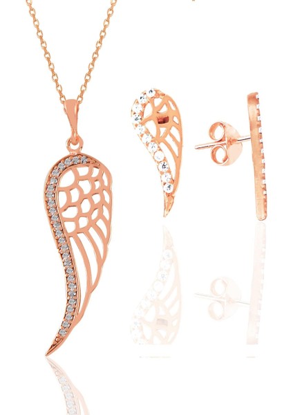 Gümüş Rose Zirkon Taşlı Kanat Kolye ve Küpe Seti