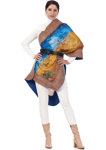 Kadın Ipek Keçe Bej Şal Van Gogh Wheatfield With Crows