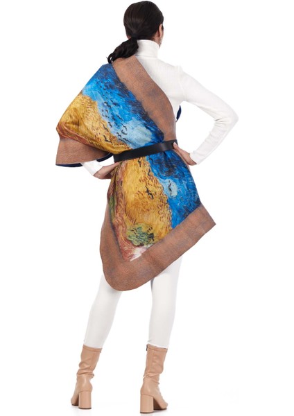 Kadın Ipek Keçe Bej Şal Van Gogh Wheatfield With Crows fiyatları