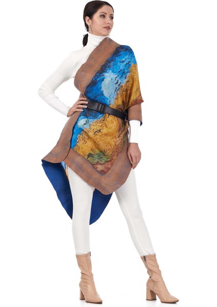 Kadın Ipek Keçe Bej Şal Van Gogh Wheatfield With Crows modelleri