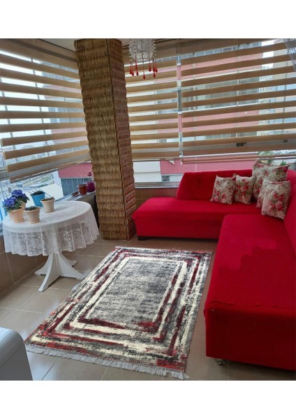 Kırmızı Batik Kaymaz Tabanlı Yıkanabilir Halı Kilim Yolluk Kırmızı Gri