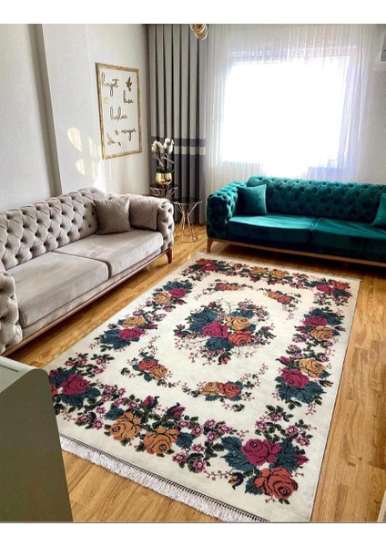 Yeşil Çicek Kaymaz Tabanlı Yıkanabilir Halı Kilim Yolluk Yeşi