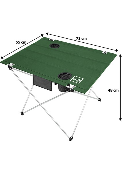 Katlanabilir Kumaş Kamp ve Piknik Masası, Yeşil, Geniş Model, 2 Bardak Gözü, 73x55x48 cm