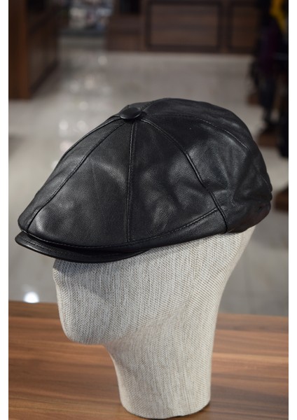 Deri Siyah Kasket Düğmeli Klasik Kışlık Kasket Lastikli Şapka