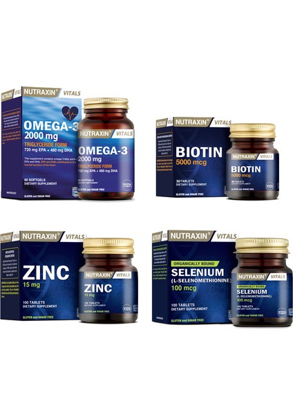 Omega 3 Balık Yağı 2000 Mg 60 Kapsül+Selenyum 100 Tablet+ Biotin 30 Tablet+ Çinko 100 Tablet