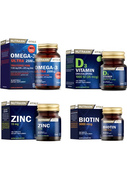 Omega 3 Ultra 2500 Mg Balık Yağı 30 Kapsül+Biotin 30 Tablet+ D3 Vitamini 120 Tablet+Çinko 100 Tablet