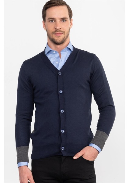 Lacivert Düğmeli Pamuklu Erkek Hırka