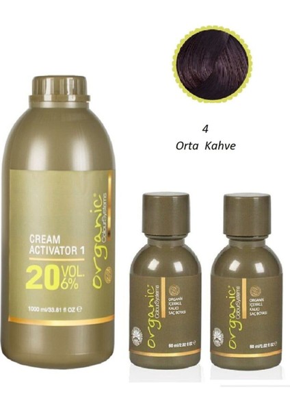 Orta Kahve Saç Boyası 60 ml No 4 x 2 Adet + Aktivatör 20 Vol 1000 ml