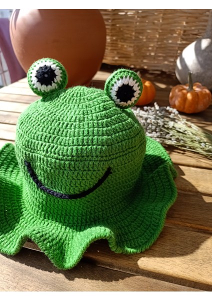 Handmade Kurbağa Desenli Kadın Şapkası, %100 Pamuk