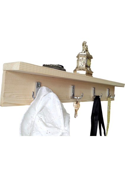 Doğal Ahşap Elbise Duvar Askısı El Yapımı Çam Ağacından Raflı Askılık Dörtlü (Sekizli)Şemsiyelik