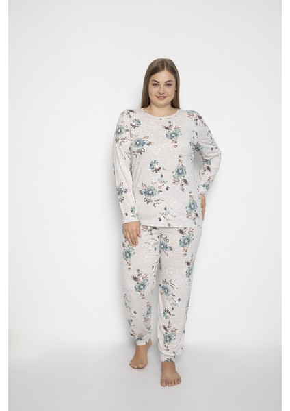 Kadın Büyük Beden Kahve Malenj Renk Viskon Likralı Pijama Takımı