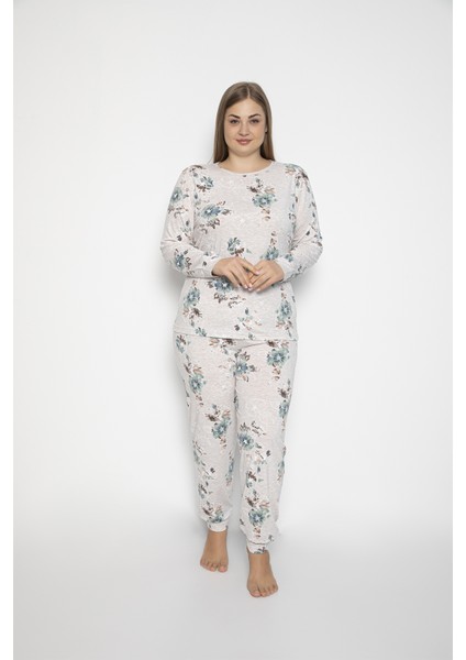 Kadın Büyük Beden Kahve Malenj Renk Viskon Likralı Pijama Takımı