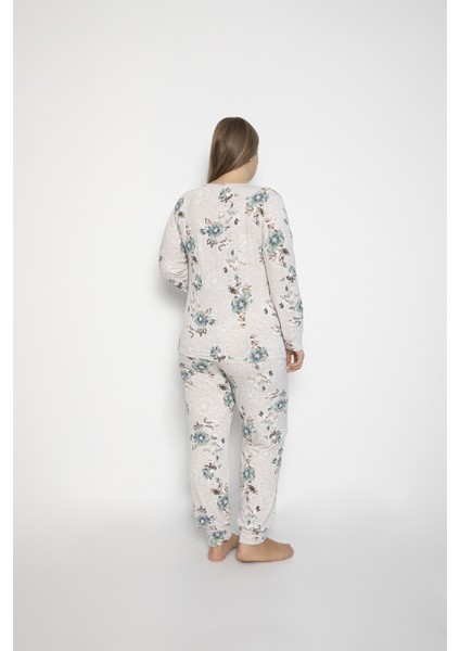 Kadın Büyük Beden Kahve Malenj Renk Viskon Likralı Pijama Takımı