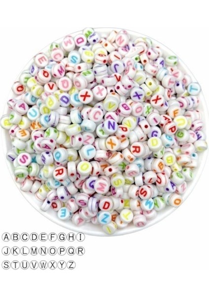 50GR Harf Boncuk, 4X7MM Yassı Beyaz Üzeri Renkli Harf Boncuk