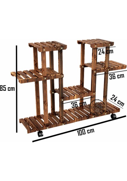 Alan Dekor Tekerlekli Eskitme Ceviz Rengi Ahşap Dekoratif Çiçeklik Saksılık Balkon Bahçe Standı