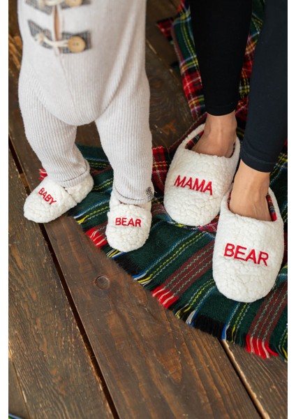 Mama Baby Bear Kürklü Anne-Bebek Panduf Seti Kaydırmaz Taban ile Rahat Kullanım