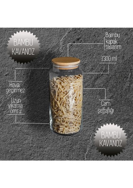 3'lü Bambu Vakkum Kapaklı Cam Kavanoz 1,30 Lt.