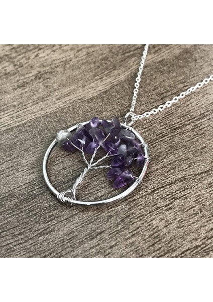 Tel Sarmalı Hayat Ağacı Doğal Ametist Taşı Doğal Taş Kolye