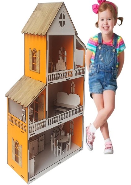Woodylife Turuncu Ev Çocuk Evcilik Oyuncak Montessori Barbi Ev 80CM
