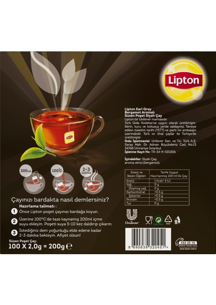 Earl Grey Süzen Poşet Bergamot Aromalı Siyah Çay 100'lü