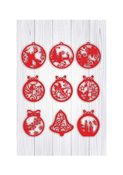 Ahşap Beyaz Yılbaşı Ağacı Süsleri ( 9 Lu Set)-1 Kırmızı