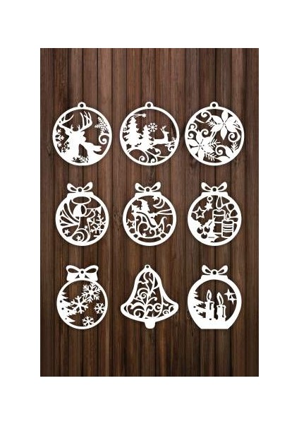 Ahşap Beyaz Yılbaşı Ağacı Süsleri ( 9 Lu Set)-1 Beyaz