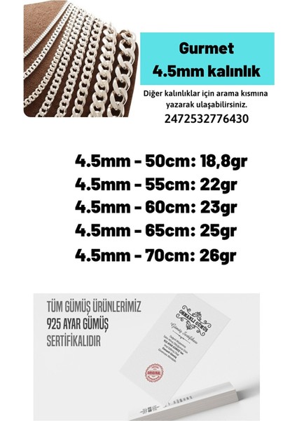 Osmanlı Gümüş 4.5mm Gurmet Zinciri Erkek Bayan 925 Ayar Gümüş Kolye Zincir 2472532776430