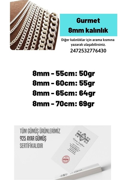 8mm Gurmet Zinciri Erkek Bayan 925 Ayar Gümüş Kolye Zincir 2472532776430 fiyatları