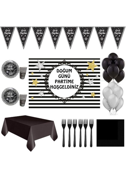Siyah Gümüş 24 Kişilik 50 x 70 cm Afişli Yetişkin Doğum Günü Parti Süsleri