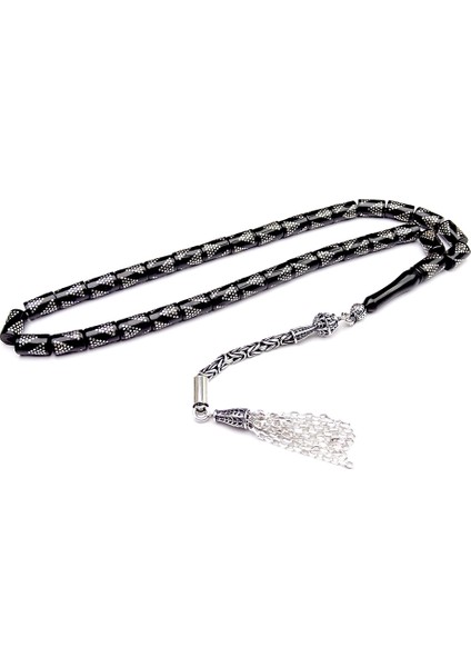 Gümüş Işlemeli Kesme Model Oltu Taşı Tesbih