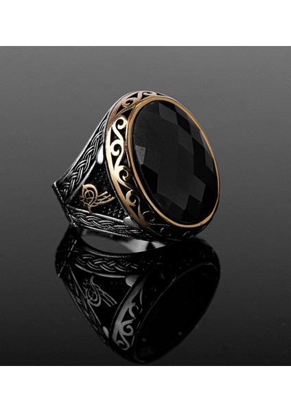 Bronz Işlemeli Tuğra Desenli Oniks Taşlı Gümüş Erkek Yüzüğü