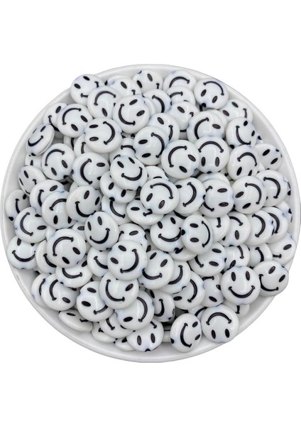 14MM Beyaz Zemin Üzeri Siyah Yassı Smile,gülen Surat, Gülen Yüz Boncuk (25 Gr, ~45 Adet)