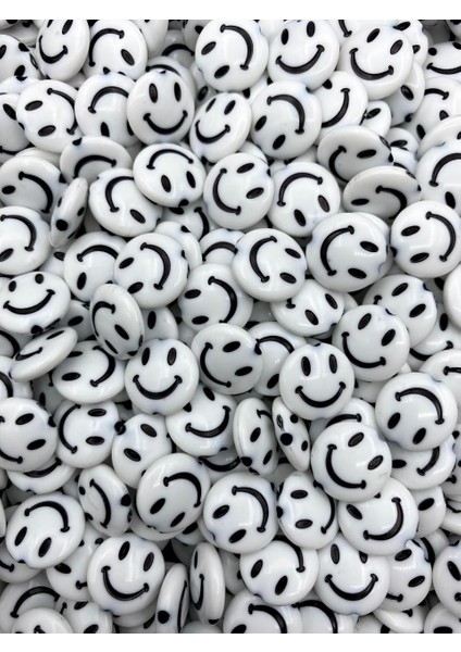 14MM Beyaz Zemin Üzeri Siyah Yassı Smile,gülen Surat, Gülen Yüz Boncuk (25 Gr, ~45 Adet) fiyatları